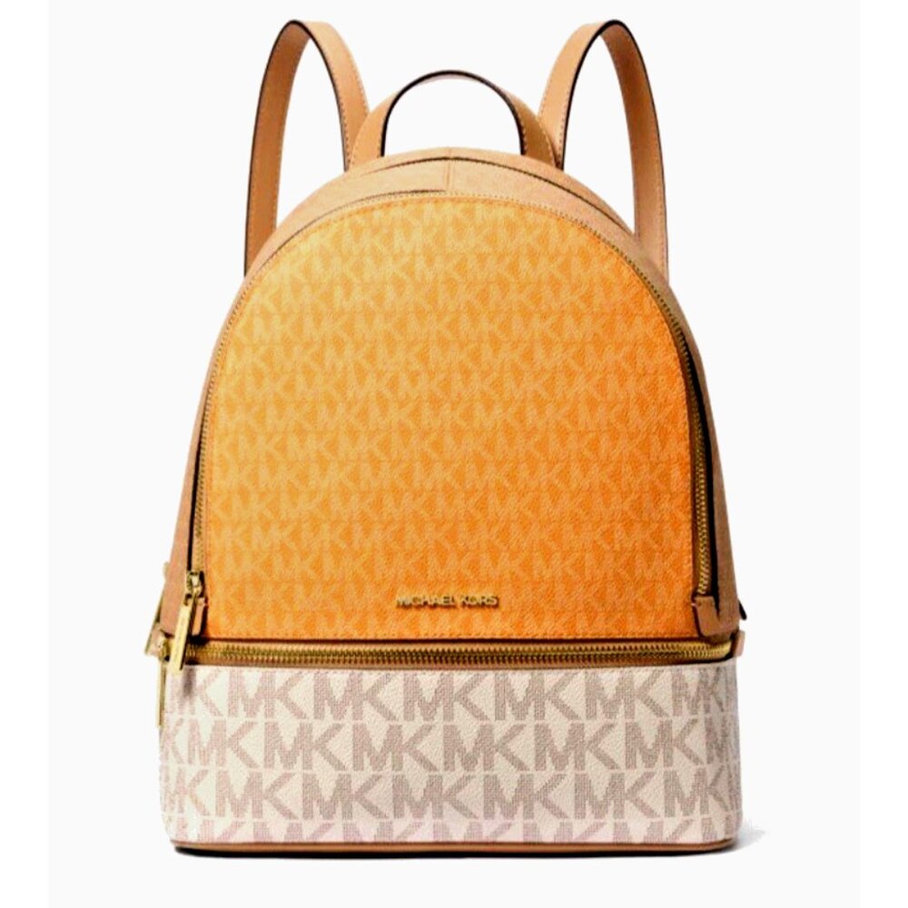 New Michael Kors Rhea Medium Colorblock Signature Logo Backpack Pop Orange Multi